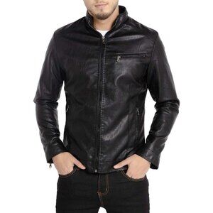 Men’s Black WULFUL Stand Collar Faux Leather Motorcycle Lightweight Jacket